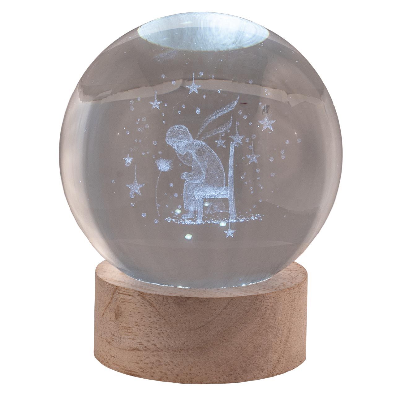 BOMBONIERA LED - D8CM - SFERA CON PICCOLO PRINCIPE  - BASE LEGNO - Battesimo E Nascita - Nuovi arrivi - Regali e Bomboniere