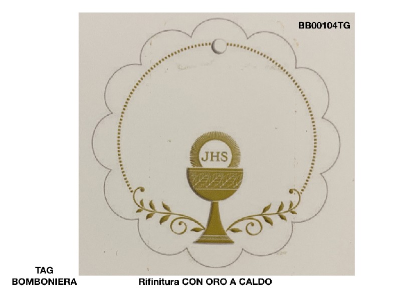 TAG BOMBONIERA COMUNIONE 5cm  TONDO SMERLATO BIANCO CON RIFINITURE ORO A CALDO  - TAG BOMBONIERA - Nuovi arrivi - Regali e Bomboniere