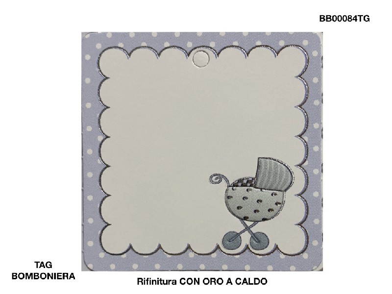 TAG BOMBONIERA PASSEGGINO CIELO 5CM QUADRATO RIFINITO CON ORO A CALDO - TAG BOMBONIERA - Nuovi arrivi - Regali e Bomboniere