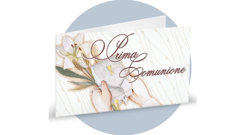 Prima Comunione con fiore e rosario BIGLIETTINO BOMBONIERA - Bigliettini Bomboniere - Nuovi arrivi - Regali e Bomboniere
