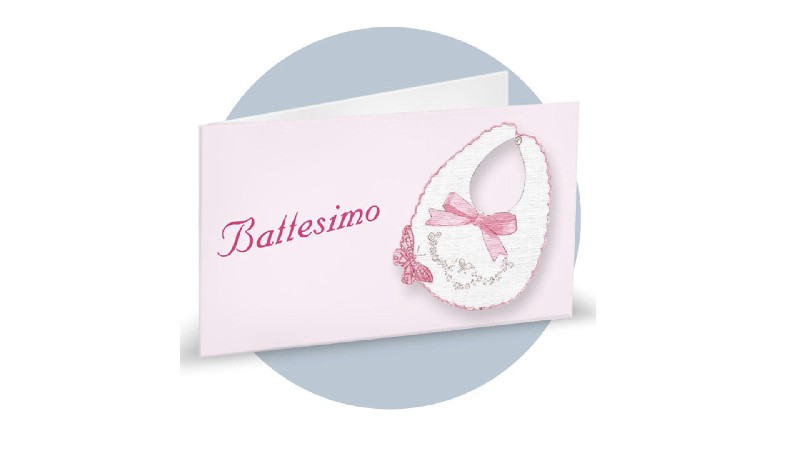 BATTESIMO rosa con bavaglino BIGLIETTINO BOMBONIERA - Bigliettini Bomboniere - Nuovi arrivi - Regali e Bomboniere
